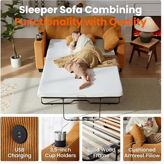 Pull Out Sofa Bed, Full Size Sleeper Sofa, 2-in-1 Convertible Corduroy Couch with USB Charging, Memory Form Couch for Living Room, Apartment and Small Space (Mustard Yellow, Corduroy - Full Size)