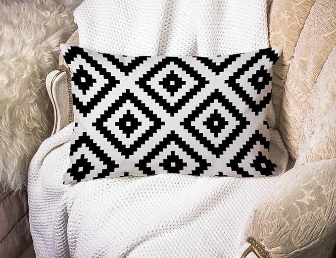 Solekla Black and White Waist Lumbar Cotton Linen Throw Pillow case Cushion Cover for Sofa Home Decorative Oblong 12x20 Inches