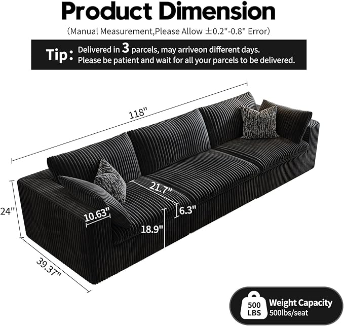 118" Cloud Couch Modular Sectional Sofa for Living Room,Modern Sofa with Deep Seat，3 Seater Boneless Couch,Comfy Upholstered Corduroy Couches for Apartment, Studio, Office,Bedroom，Black