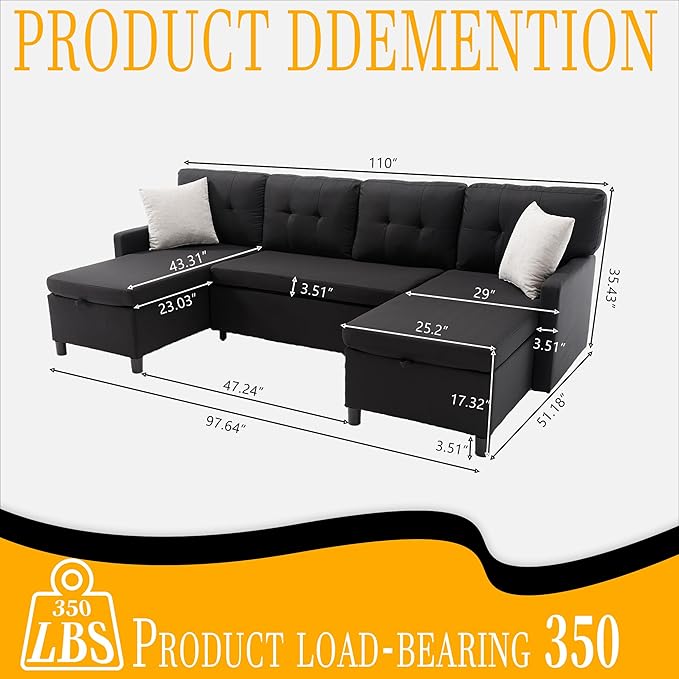 Pull Out Couch, Oversized Sleeper Sofa Couch, Sectional Sleeper Sofa Bed for Living Room Bedroom Lounge (Black, 110 Inch)