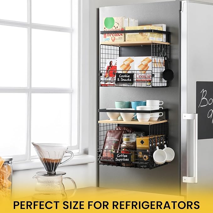 [WIDER Shelf]2 SET Strong Magnetic Shelf Basket for Fridge with Tag & Bamboo Top, XXL Large Magnetic Spice Rack Shelves for Side of Refrigerator, Kitchen Pantry Storage Organizer for Food Fruit Veg