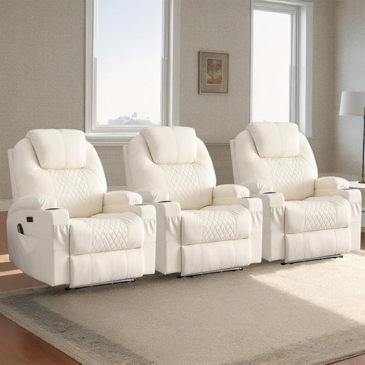 Power Recliner Chair with Heat and Massage, PU Leather Home Theater Seating with LED Lights/Cup Holders/Side Pocket/USB Port, Reclining Sofa Chair for Living Room (3, Beige)