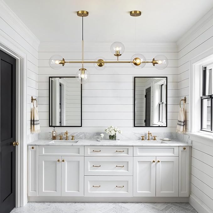 KCO Lighting 6 Light Bubble Chandelier Lighting Clear Glass Globe Chandelier Brass Gold Linear Pendant Light Mid Century Modern Pendant Light for Living Room Kitchen Island Dining Room