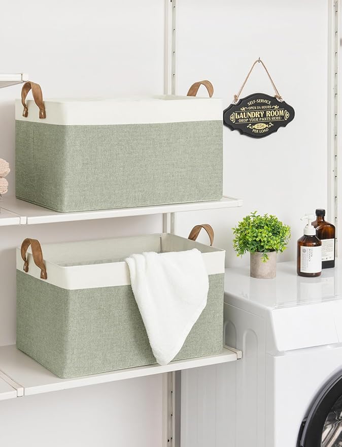 StorageWorks Storage Bins, Fabric Storage Bins for Shelves, Extra Large Storage Baskets with Metal Frame, Closet Baskets and Bins with Handles, Jumbo, Green and White, 2-Pack