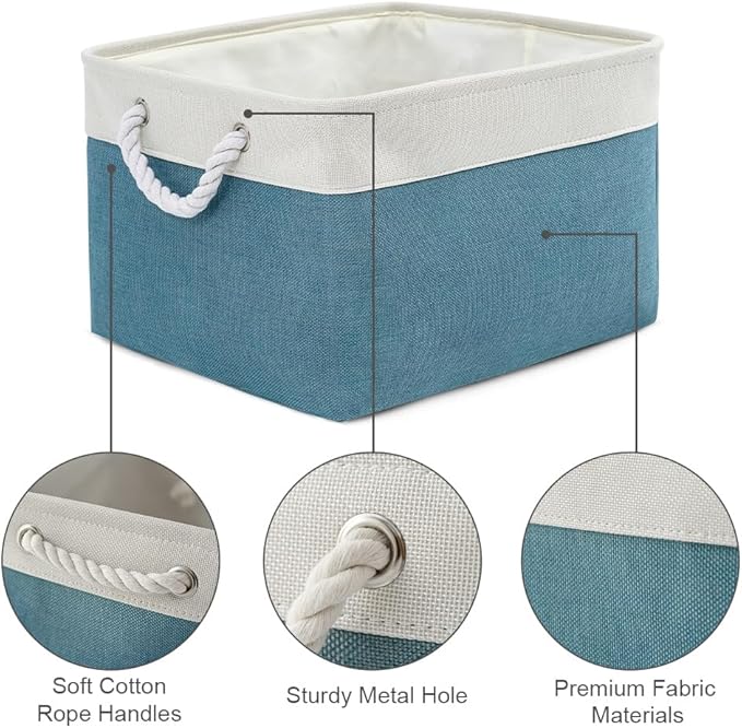 Storage Basket for Organizing - 17X15X12 inch 2 Pack Canvas Storage Bin for Shelves, Fabric Storage Cubes for Cloth Decorative Books Nursery (White & Green)