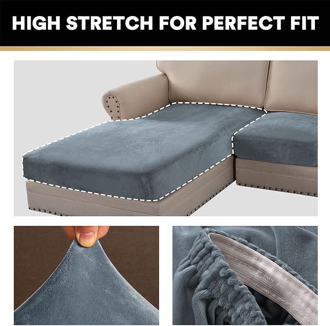 PrinceDeco Sectional Couch Covers 3 Pieces Velvet Sofa Covers L Shape Soft Couch Covers for Sectional Sofa Corner Sofa Cover Couch Cover for Dogs Washable (2 Seater + 1 Chaise,Stone Blue)