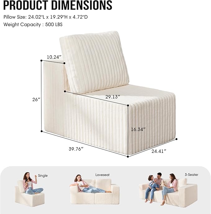 Single Sofa 1 Seat Couch with Deep Seat Memory Foam Cloud Chair with Pillows Large Sofa with L Shape for Living Room Bedroom (Strip White, Single)