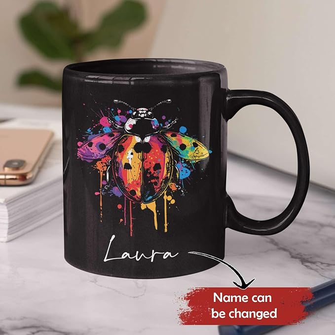 Personalized Choose Name Ladybug Coffee Mug, Colorful Ladybug Animal Design Cup, Customized Ladybug Lover Ceramic Mug, Gift For Christmas, Custom Animal Black Cup 11oz 15oz, Ladybug Mug