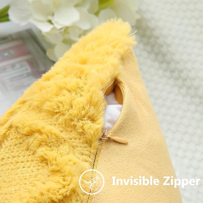 decorUhome Throw Pillow Covers 22x22 Inch Set of 2, Soft Plush Decorative Faux Fur Mustard Yellow Solid Couch Pillow Covers, Accent Farmhouse Neutral Square Euro Pillow Cases for Sofa Bed Living Room