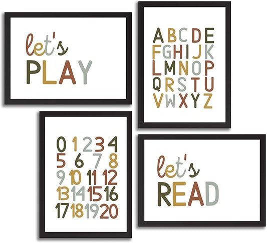 4 Pcs Boho Playroom Canvas Wall Art Nursery Toddler Educational Let's Read Let's Play Painting Pictures Wall Decor Posters Print Artwork for Girl Boy Childs Room Classroom Home Decoration Unframed