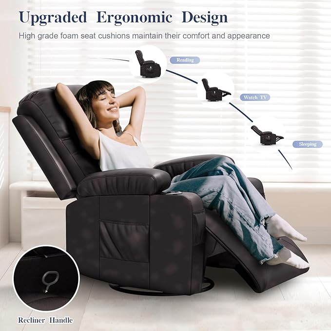 Recliner Chairs for Adults, FSC Certified Massage Rocker with Heated Modern Ergonomic Lounge 360 Degree Swivel Single Sofa Seat Living Room Lounge Recliners Brown