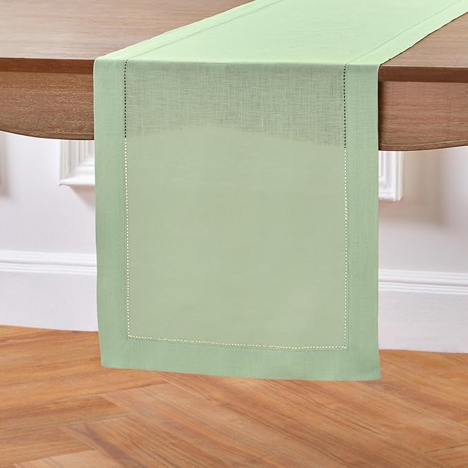 Solino Home Linen Light Green Hemstitch Table Runner 36 Inches - 100% Pure Linen Small Table Runner 14 x 36 Inch Ideal for Dresser and Coffee Tables - Classic Hemstitch