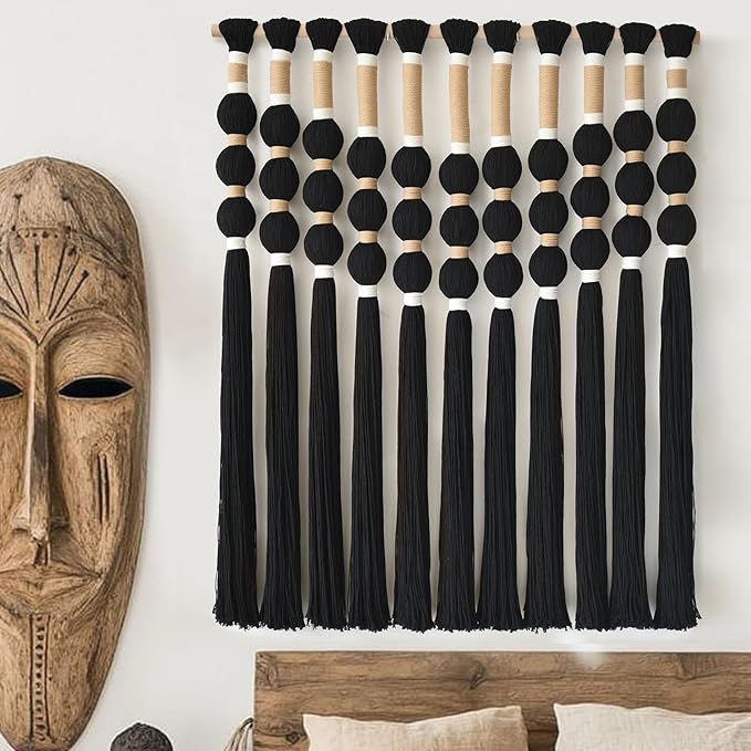 Macrame Wall Hanging Boho Wall Decor Black Fiber Yarn Wall Art Handmade Cotton Spherical Knot for Living Room Bedroom Nursery Office Home Decor27" W x 33" L