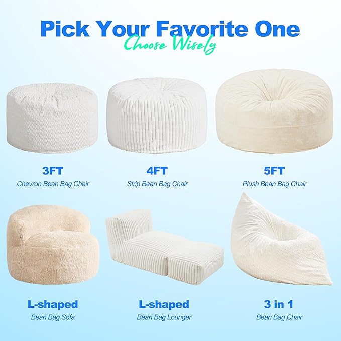 Hobestluk 3 in 1 Bean Bag Chair Giant Bean Bag Chairs for Adults with Chevron Plush Fur Cover Convertible Bean Bag Floor Cushion with Machine Washable Cover for Living Room (Chevron Plush White)