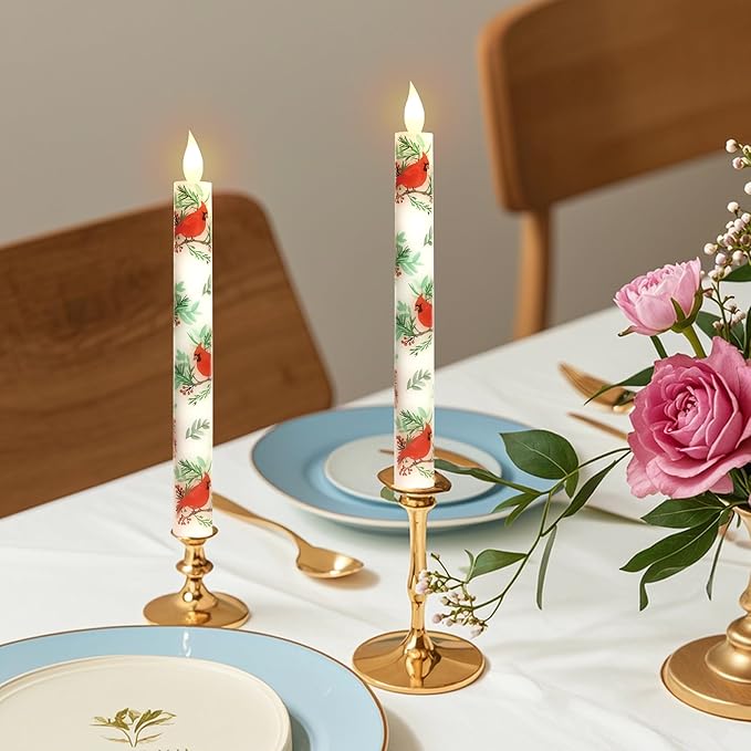 Cardinal Bird Flameless Taper Candles with Remote - Red Bird Theme LED Taper Candles for Home Xmas Holiday Party Christmas Decoration - 2PCS 9.5INCH