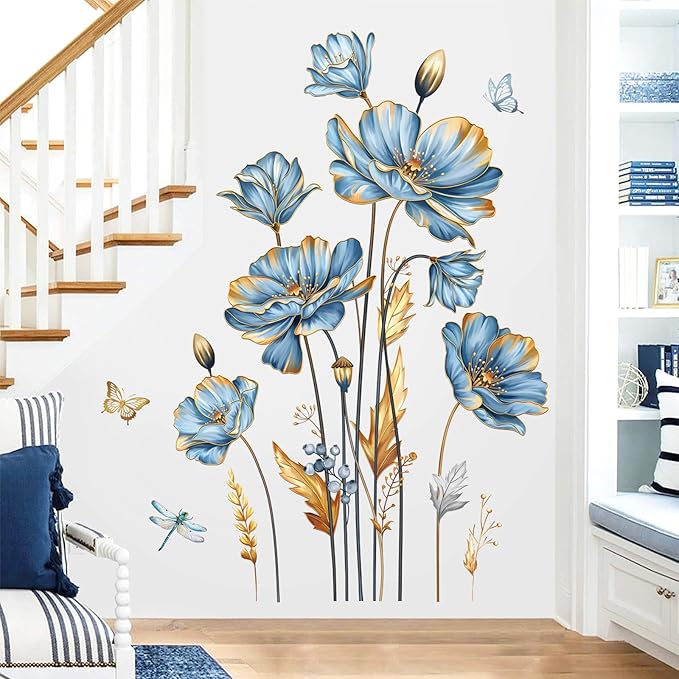 decalmile Large Blue Flower Wall Stickers Floral Butterfly Plants Gold Leaves Wall Decals Bedroom Living Room Sofa TV Background Wall Decor