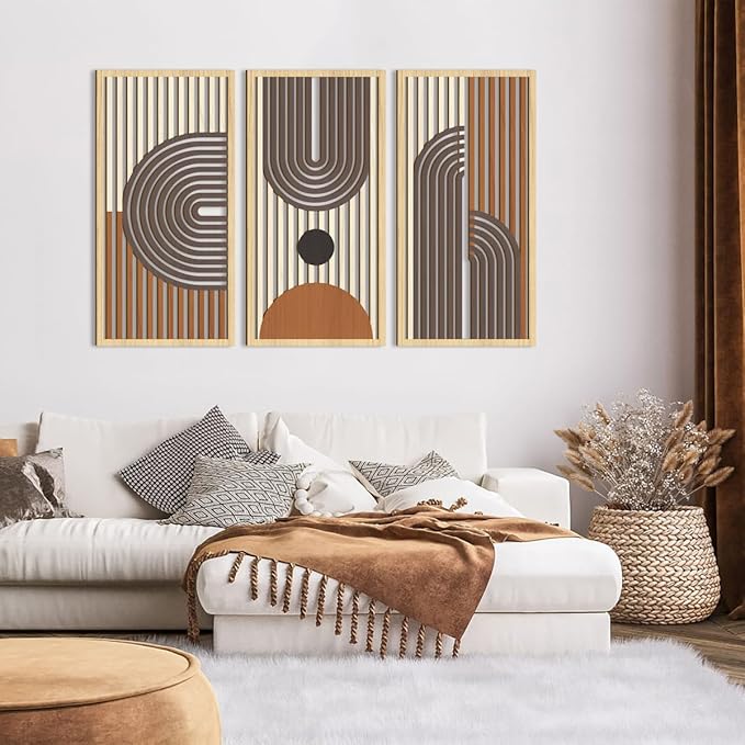 IARTTOP Mid century Modern Decor 16x32 Inch Large Boho Wood Wall Art Abstract Wooden Wall Decor Minimalist Bohemian Orange Artwork for Living Room Bedroom Office Set of 3