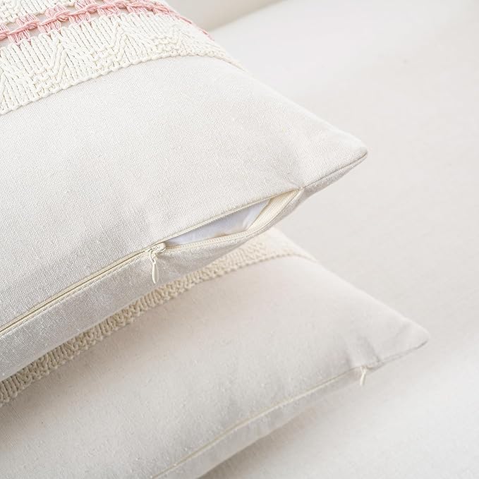 Fancy Homi Set of 2 Boho Pink Long Lumbar Decorative Throw Pillow Cover 14x24 Inch for Couch Bed Sofa Chair, Modern Organic Farmhouse Home Decor, Soft Cotton Cute Accent Rectangle Cushion Case