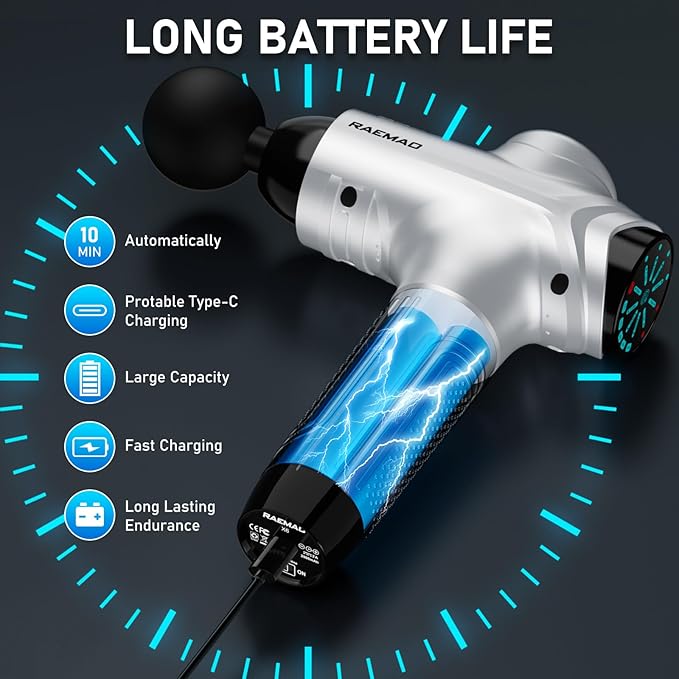 RAEMAO Massage Gun, Handheld Electric Deep Tissue Muscle Massager for Athletes for Pain Relief Attaching 8 Replacement Heads, Percussion Massager with 10 Speeds, Father's Day Gifts, Silver