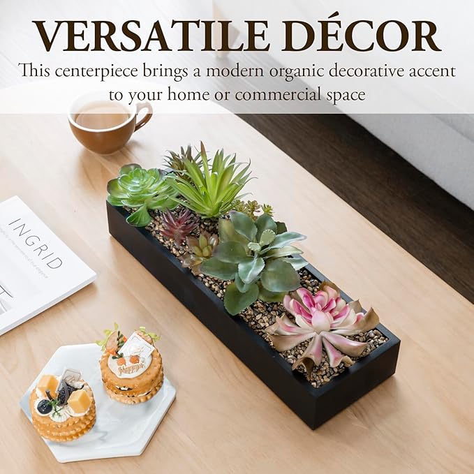 MyGift Artificial Assorted Succulent Arrangement in Rectangular Black Wood Planter Box, Fake Plant Decor