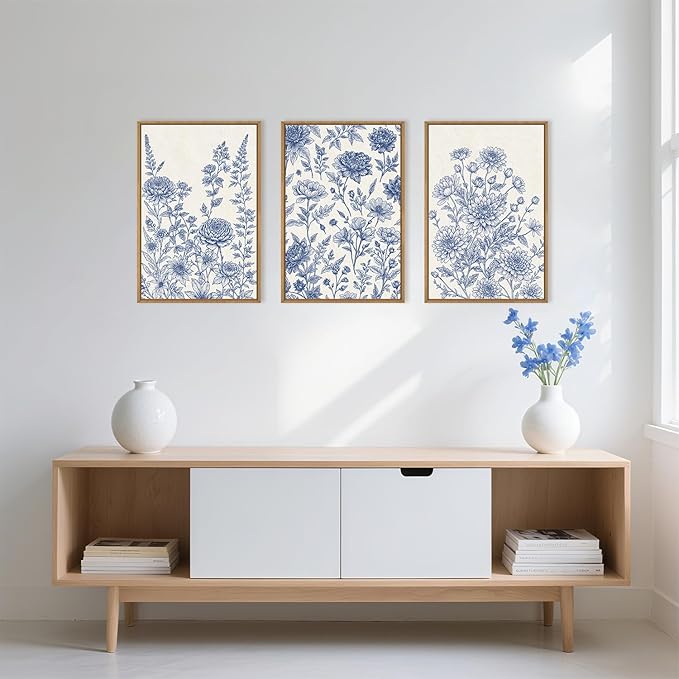 Classic Chinoiserie Floral Framed Canvas Wall Art Set, Blue and White Flower Wall Decor, Navy Watercolor Wall Painting, Minimalist Wildflower Art Print for Living Room, Bedroom - 16"x24"×3