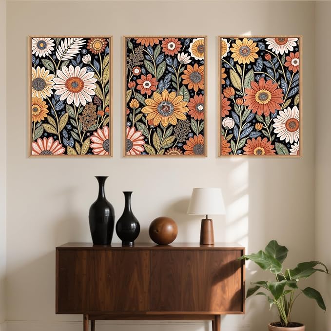 LHIUEM Large Abstract Boho Flower Framed Canvas Wall Art Set,Vintage Colorful Floral Wall Decor,Retro Wildfower Plant Painting,Botanical Artwork for Living Room,Bedroom,Dining Room,Office -16"x24"x3