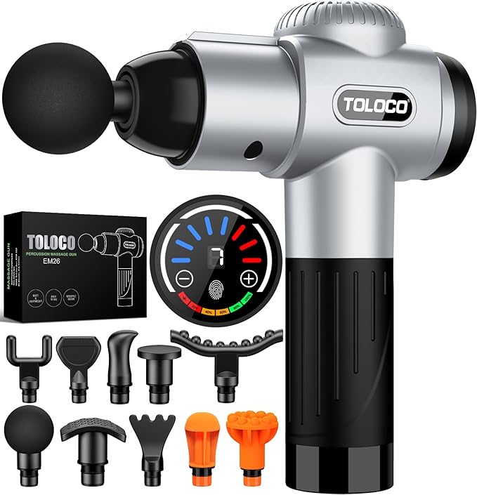 TOLOCO Massage Gun, Muscle Massage Gun Deep Tissue for Athletes with 10 Massage Heads, Electric Percussion Massager for Any Pain Relief, Gifts for Fathers Day, Silver