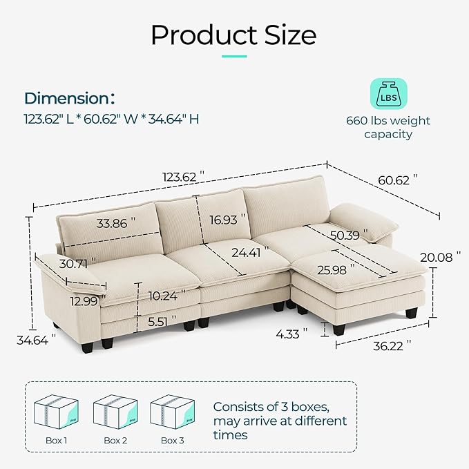 LINSY HOME Modular Sectional Sofa - 123'' Comfy Corduroy Cloud Sofa Oversized L Shaped Couch with Movable Ottoman, Soft Modern Sofa for Living Room Apartment, Beige