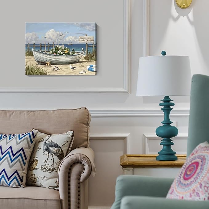 amatop Coastal Wall Art– Beach Scene Picture with Boat on Sandy Shore, Flowers and Sea Birds, Blue Ocean Seascape Themed Canvas Print Nautical Artwork for Bathroom and Bedroom Decor, Small 16x12 Inch