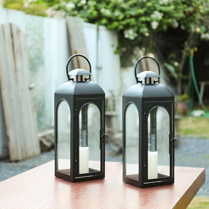 Bdor 2 Pack 20 Inches Metal and Tempered Glass Decorative Lantern with Electronic Wax Effect - Indoor/Outdoor Decorative Lighting, Handcrafted Aesthetic, Perfect for Home, Parties, and Holiday Decor
