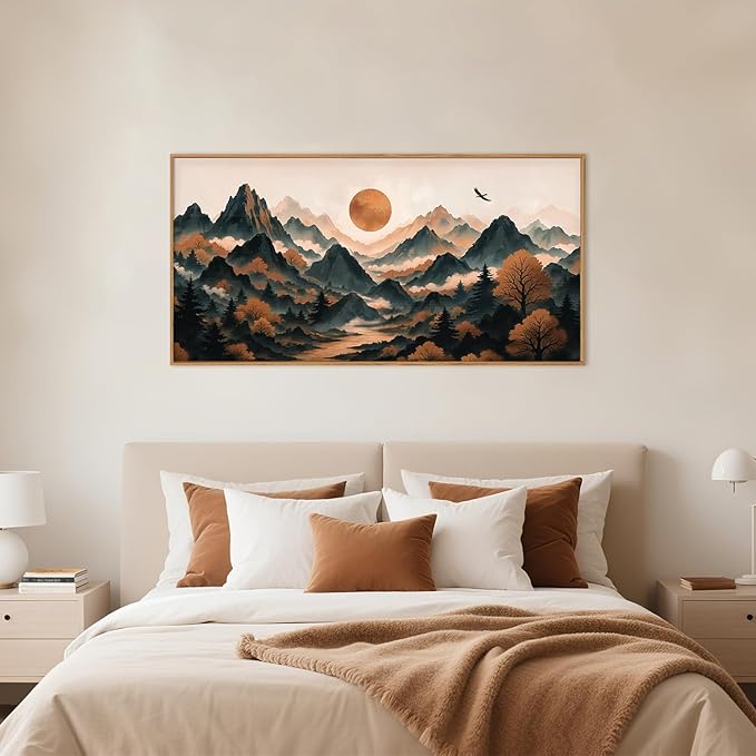 Large Boho Mountain Framed Canvas Wall Art Set, Brown Ridge Landscape Wall Decor, Pine Tree Scenery Wall Painting, Abstract Wilderness Art Print for Living Room, Bedroom, Office - 20X40