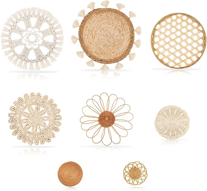 Boho Wall Basket Decor Set of 8 - Flat Woven Basket Wall Hanging Decor,Round Tassels White Macrame Tapestry Wall Decor Art,Handmade Rattan Wicker Seagrass Home Wall Baskets Decor（Boho Classic)