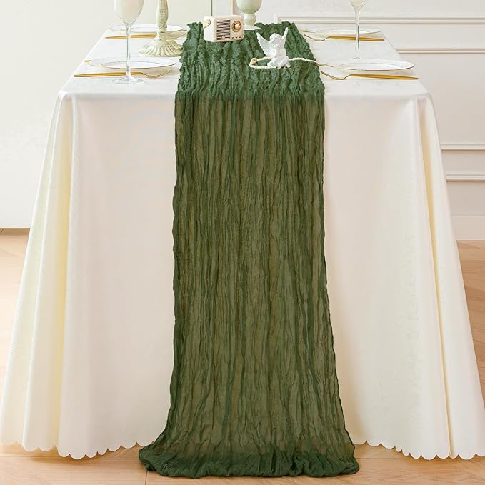 Sioloc 1 Pack Moss Green Cheesecloth Table Runner Fall Autumn Decor for Home 10ft Table Cloth for Tea Wedding Birthday Party Baby Bridal Shower Halloween Thanksgiving