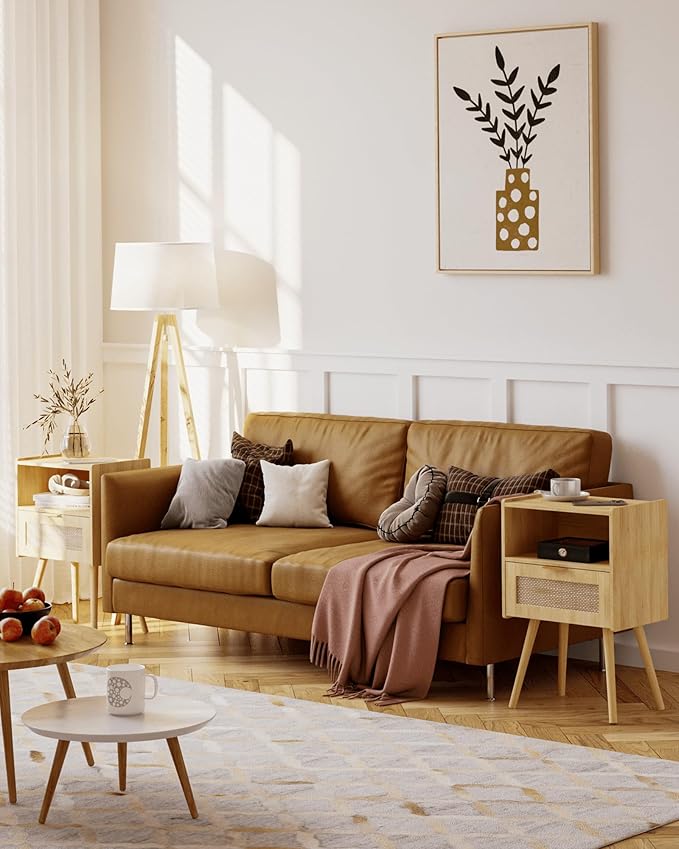 Rattan Nightstand,Modern Bedside Table with Storage Drawer and Open Wood Shelf, for Living Room, Bedroom and Small Spaces, Accent Night Stand with Solid Wood Legs, Easy Assembly,(Oak)