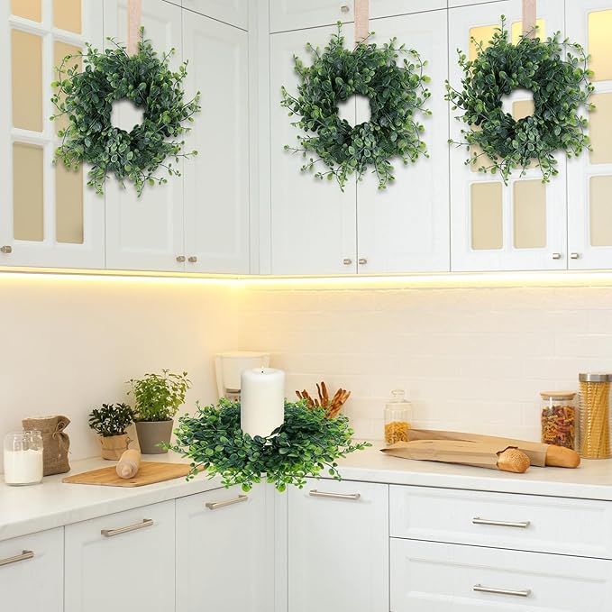 6 Pcs Mini Green Boxwood Candle Rings Wreaths Green Kitchen Cabinet Wreath 3 Inch Wedding Candle Holder for Front Door Porch Outside All Season Wedding Home Tabletop Decoration