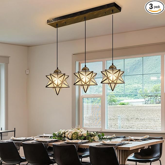 Glass Glam Chandelier 3 Lights Star Pendants Light Fixture for Dining Table Kitchen Island Modern Ceiling Hanging Lights Included LED Warm Light Bulbs Oiled Bronze