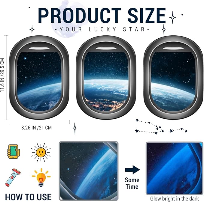 Quanhaigou Glow in The Dark 3D Space Wall Decals, Set of 3 Galaxy Window Stickers for Wall,Planet Themed Room Decor for Kids Boys
