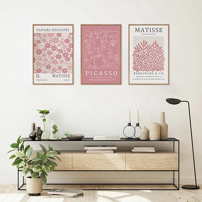 HLNIUC Matisse Pink Wall Art,Neutral Pink Flower Framed Canvas Wall Decor Set of 3(16”x24’) Modern Aesthetic Pictures Wall Painting,Abstract Flower Market Art Print for Living Room,Bedroom