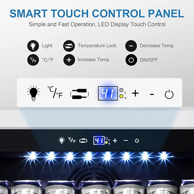 Tylza Beverage Refrigerator 24 Inch, 190 Can Built-in/Freestanding Beverage Cooler Fridge with Glass Door and Advanced Cooling Compressor for Beer and Soda or Wine, Low Noise, 37-64 F