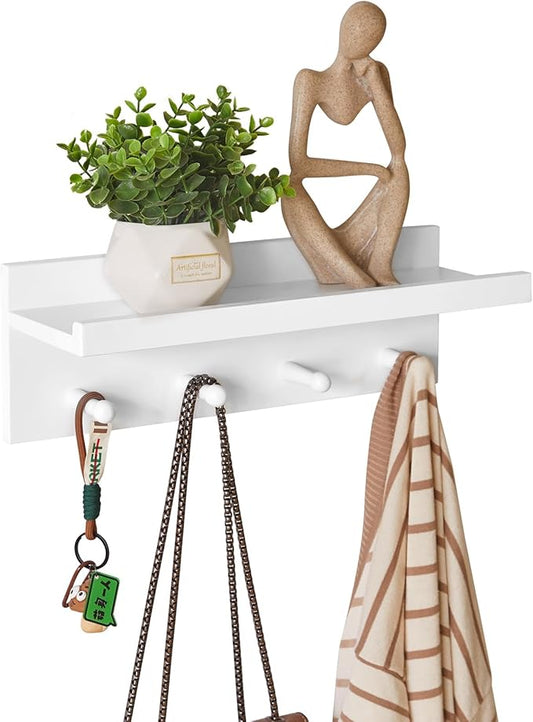 Wood Coat Hook with Wall-Mounted Shelf,15.75in Entryway Wall Hanging Shelf,for Bathroom, Kitchen,Coat Towel Key Organizer White YD-WS0240W