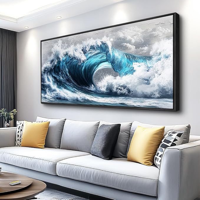 PHAOHUAXM Large Canvas Wall Art For Living Room Wall Decor For Bedroom Ocean Inspiration Wall Pictures Office Mural Decorations Posters Blue Wave Paintings Modern Home Decor Black Framed 24x48 In