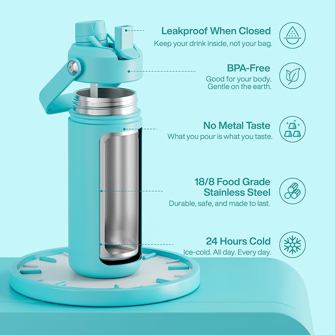 Insulated Water Bottle with Straw Stainless Steel Water Bottle, Leak-Proof, BPA-Free, Double Wall Vacuum Keeps Cold for 24 Hours for Sports, Travel, School (18 oz, Aquamarine Blue)
