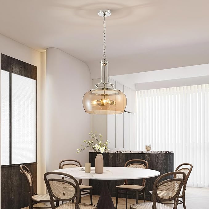 WUZUPS Nickel Chandelier Rustic Farmhouse Industrial Round Ceiling Pendant LED Light Fixture with Amber Glass Shade for Dining Room Kitchen Island Foyer Entryway, H 20.9" W 15.9", E26 Base