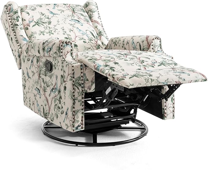 UIXE Swivel Rocker Manual Recliner Chair, Wingback Swivel Glider Fabric Nursery Reclining Sofa Chair, High Back Upholstered Arm Chair for Living Room Bedroom - Bird Pattern