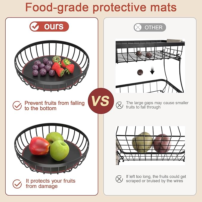 2 Tier Fruit Basket for Kitchen Counter with 2 Banana Hangers, Metal Stackable Fruit Bowl for Kitchen Counter for Bread Vegetable Fruits, Black