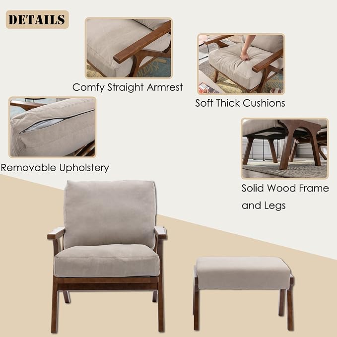 chairus 2 Sets Mid-Century Modern Accent Chairs with Ottoman, Linen Fabric Armchair with Wood Legs Comfy Upholstered Single Sofa Chair for Living Room/Bedroom/Lounge, Beige