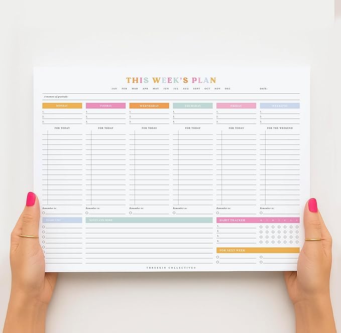 ThreeKin Weekly Planner - Premium 52-Sheet Tear-Off Notepad, 8.5 x 11 inches, Clean Colorful Design, Perfect for Work, School, Projects, and Entrepreneurs, Female & USA Owned Business