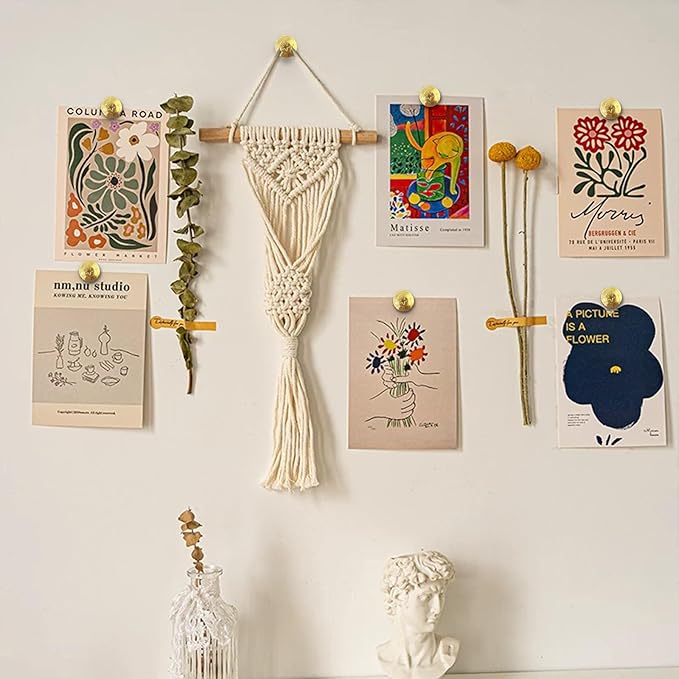 KURUI 60-Pack Metal Push Pins for Wall Hanging Decor, Renter Friendly Hooks for Bedroom Office Gallery Dorm Home, Double Headed Thumb Tacks for Tapestry/Canvas/ Picture Frame/Art, Gold Picture Hangers