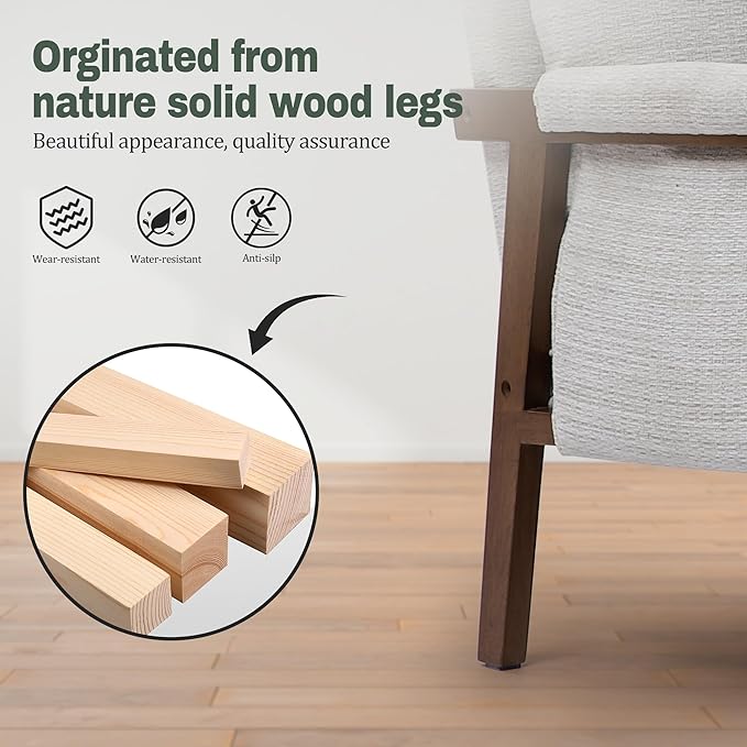 Modern Accent Chair for Living Room Mid Century Arm Chair Upholstered Bedroom Chair Comfy Lounge Chair with Solid Wood Frame, White