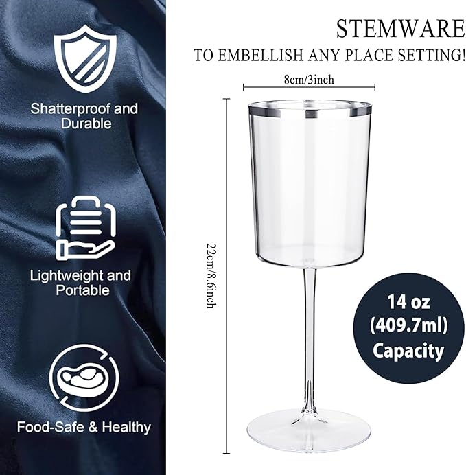 Ciaell 12 Pack Plastic Wine Glasses - 14 Oz Plastic Wine Glasses with Stem - Square Silver Disposable Stemmed Glass for Parties & Weddings & Outdoors